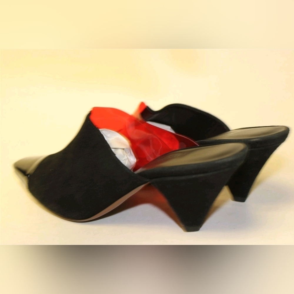 NEOUS GORGEOUS Italy Made Black Red Acetate Suede Mules Pumps Heels 38 8 - Picture 8 of 16
